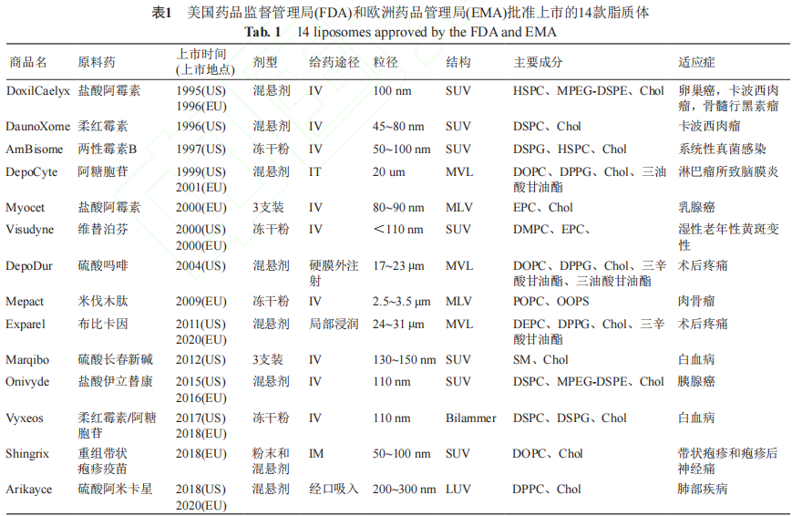 14 liposomes approved by the FDA and EMA